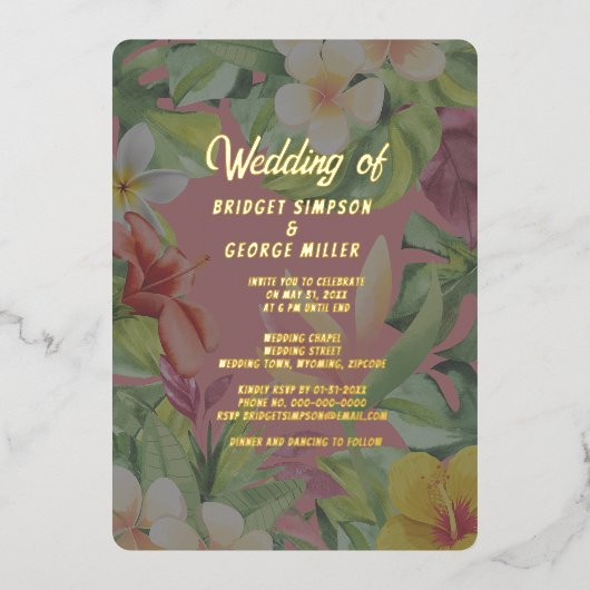 熱帯カラフルハイビスカスハワイア結婚サマー 箔招待状 (正面)