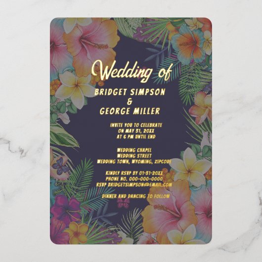 熱帯カラフルハイビスカスハワイア結婚サマー 箔招待状 (正面)