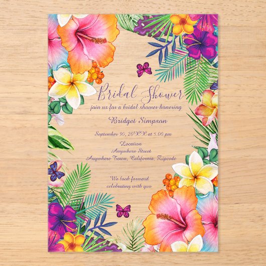 熱帯カラフルハワイフローラブライダルシャワー アクリル招待状 (正面)