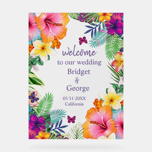 熱帯カラフルハワイフローラ結婚の歓迎 アクリルサイン (正面)
