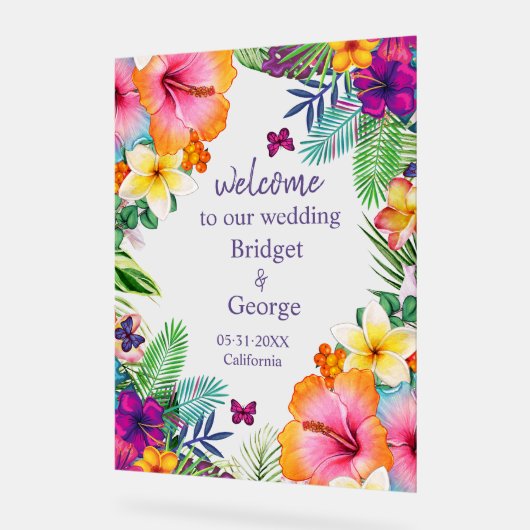 熱帯カラフルハワイフローラ結婚の歓迎 アクリルサイン (傾斜)