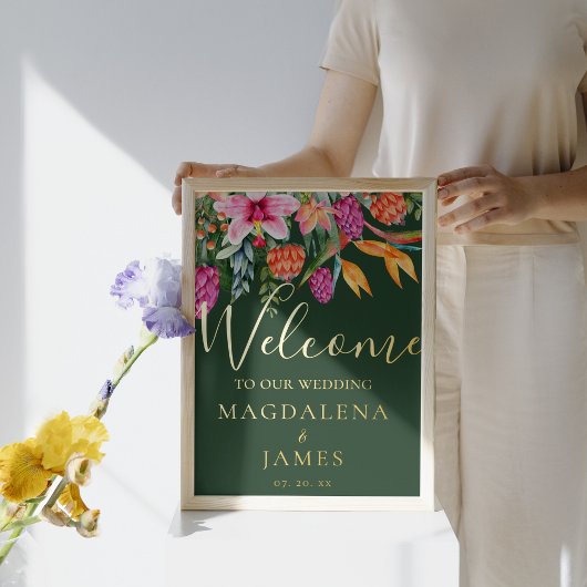 熱帯カラフルピンクのオレンジ色の花を歓迎 箔ポスター