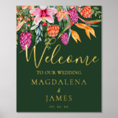 熱帯カラフルピンクのオレンジ色の花を歓迎 箔ポスター (正面)