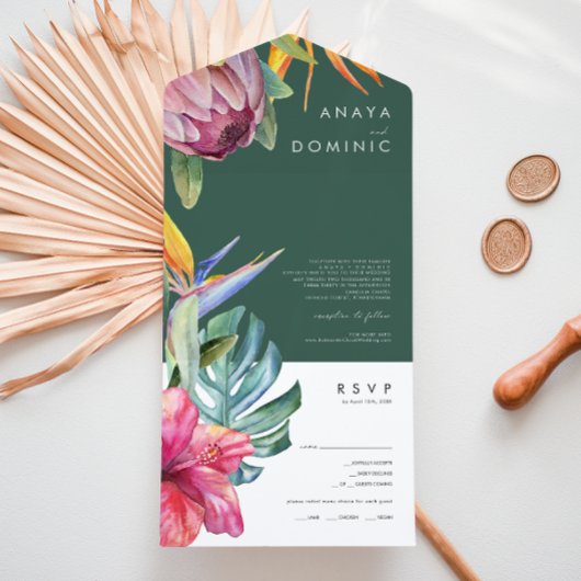熱帯カラフルフローラグリーンフォトシールと送信 オールインワン招待状