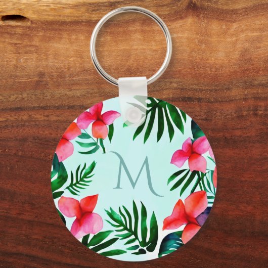 熱帯カラフルフローラ茎葉水彩カスタム キーホルダー (正面)