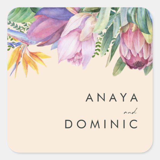 熱帯カラフルフローラ |ピーチ封筒用シール スクエアシール (正面)
