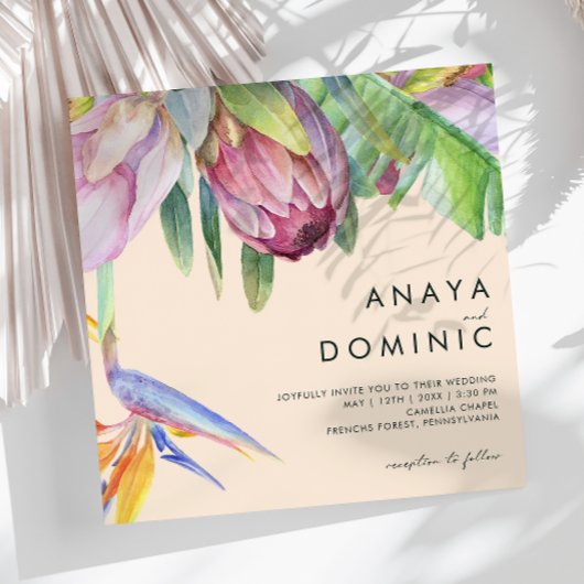 熱帯カラフルフローラ |ピーチ結婚スクエア 招待状