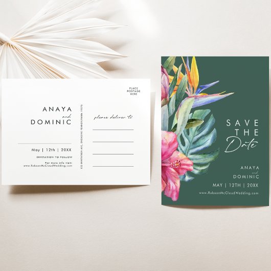 熱帯カラフルフローラ |日付を緑で保存 インビテーションポストカード