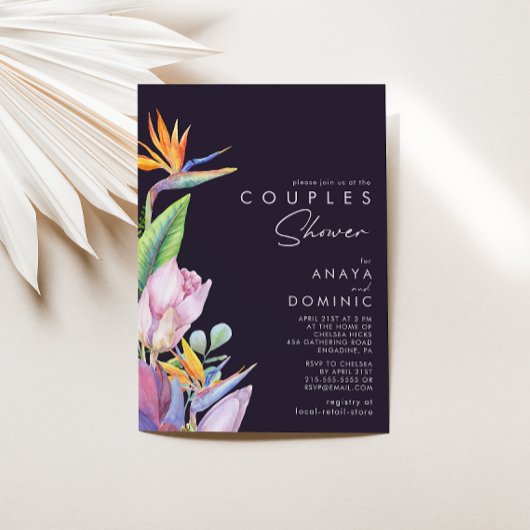 熱帯カラフルフローラ |紫色のカップルのシャワー 招待状