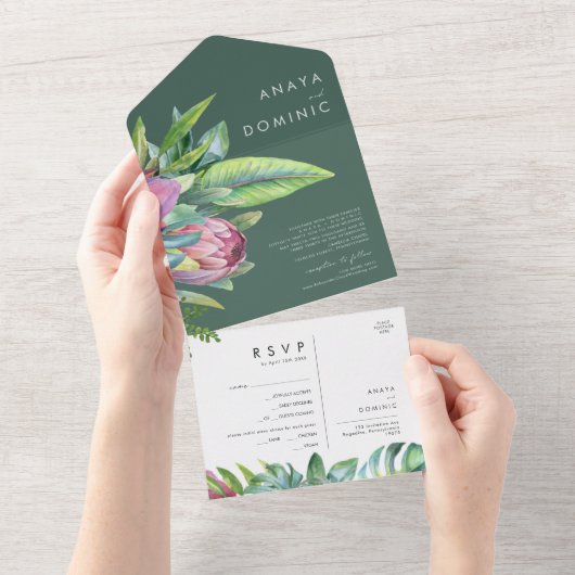 熱帯カラフルフローラ |緑のシールとすべての送信 オールインワン招待状 (貼ってはがせる)