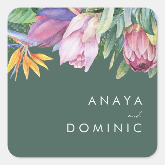 熱帯カラフルフローラ |緑の封筒用シール スクエアシール (正面)