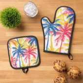 熱帯カラフルレトロヤシ 鍋つかみ&鍋敷きセット (トップダウン)
