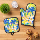 熱帯カラフルレトロヤシ 鍋つかみ&鍋敷きセット (トップダウン)