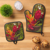 熱帯カラフル植物 鍋つかみ&鍋敷きセット (トップダウン)