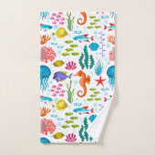 熱帯カラフル海洋生物と動物のパターン バスタオルセット (ハンドタオル)