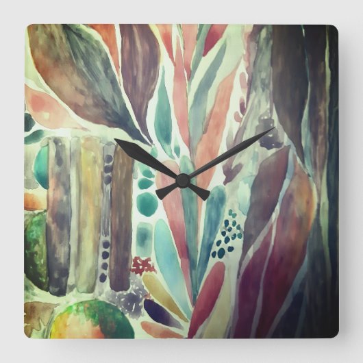 熱帯カラフル緑の水彩色 スクエア壁時計 (正面)