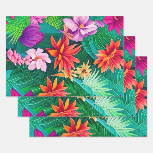 熱帯カラフル花パターン ラッピングペーパーシート (セット)
