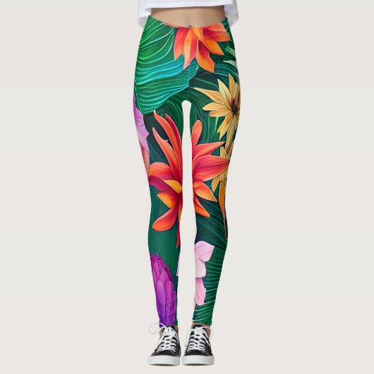 熱帯カラフル花パターン レギンス (正面)