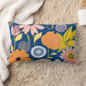 熱帯カラフル花模様オレンジ、ネイビー、ピンク、黄 ランバークッション (ブランケット)