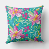 熱帯カラフル花模様ティール(緑がかった色)、ピンク、黄 クッション (裏面)
