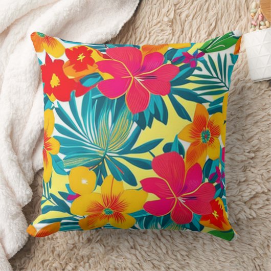 熱帯カラフル花模様赤、黄、ティール(緑がかった色) クッション (ブランケット)