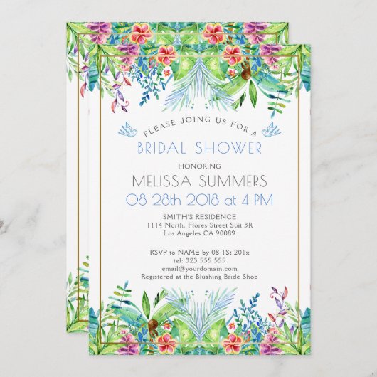 熱帯カラフル花金ゴールドアクセント 招待状 (正面/裏面)