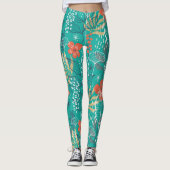 熱帯カラフル葉と花の模様 レギンス (正面)