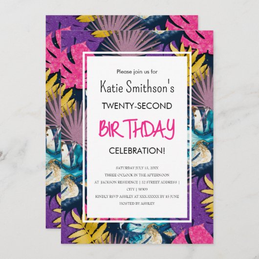 熱帯カラフル鮮やか金ゴールド植物 招待状 (正面/裏面)