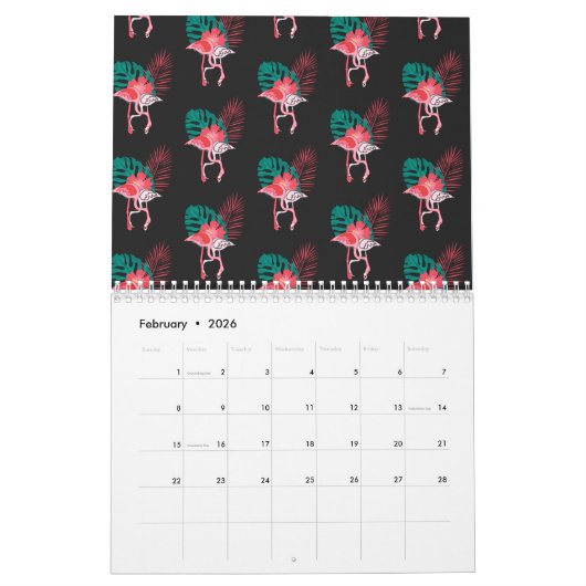 熱帯カワイおもしろいトフラミンゴ水彩模様Ca カレンダー (2月 2026)