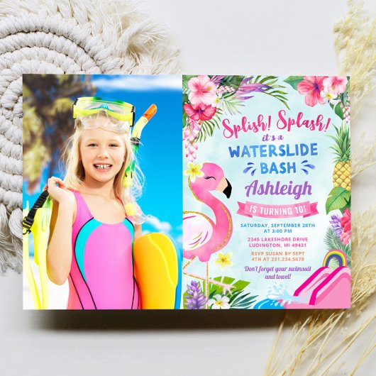 熱帯ガーリーウォータースライド誕生日写真 招待状