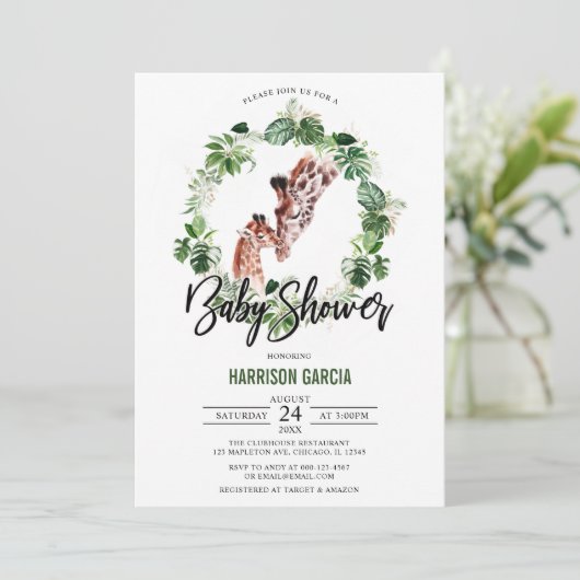 熱帯キリンとベビージャングルの赤ちゃんシャワー 招待状 (スタンド正面)