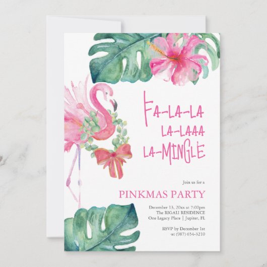 熱帯クリスマスパーティー水彩フラミンゴ シーズンカード (正面)