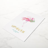 熱帯クリスマスピンクフラミンゴ水色 箔シーズンカード (回転した状態)
