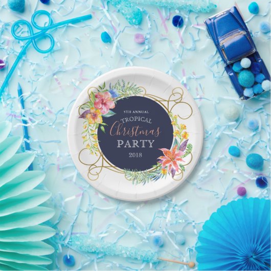 熱帯クリスマスフラワー&金ゴールド渦巻形の枠 ペーパープレート (パーティー)