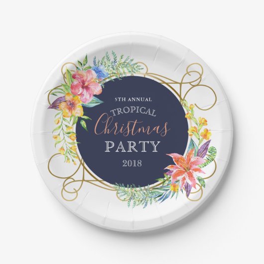 熱帯クリスマスフラワー&金ゴールド渦巻形の枠 ペーパープレート (正面)