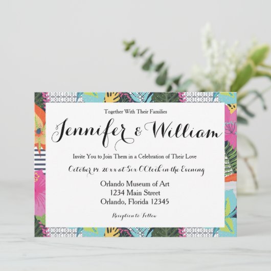 熱帯グラモダンフィックフローラ結婚式招待状 招待状 (スタンド正面)