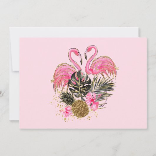 熱帯グリッターのピンクのフラミンゴの大学トランクのパーティー 招待状 (裏面)