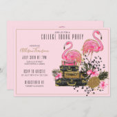 熱帯グリッターのピンクのフラミンゴの大学トランクのパーティー 招待状 (正面/裏面)