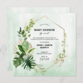 熱帯グリーンと金ゴールドフレーム赤ちゃんシャワー（郵便） 招待状 (正面/裏面)
