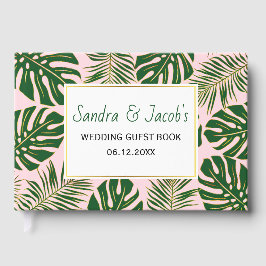 熱帯グリーンと金ゴールド離れ赤面ピンク結婚ズ ゲストブック