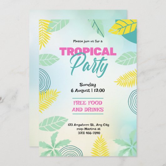 熱帯グリーンと黄色の夏のパーティー 招待状 (正面/裏面)