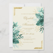 熱帯グリーンアイボリー金ゴールドグリッター結婚フローラ 招待状 (正面)