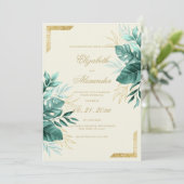 熱帯グリーンアイボリー金ゴールドグリッター結婚フローラ 招待状 (スタンド正面)