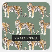 熱帯グリーンウォーターのタイガースの名前 スクエアシール (正面)