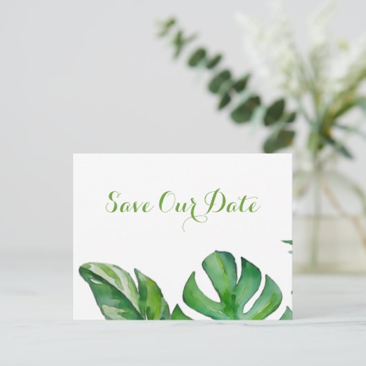 熱帯グリーンウォーター色モンステラ日付を保存 ポストカード (スタンド正面)