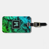 熱帯グリーンティール（緑がかった色）ヤシモダンの葉シック・モノグラム ラゲッジタグ (正面横)