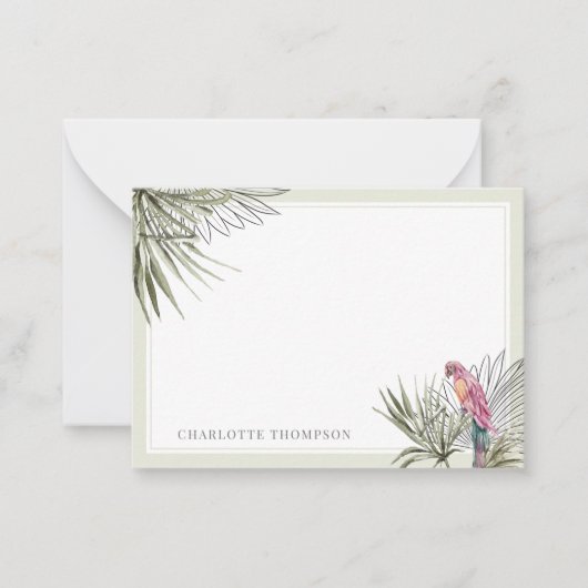 熱帯グリーンパームとオウムパーソナライズされた名 ノートカード (正面)