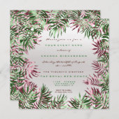 熱帯グリーンパームリーフフレームシルバーブルゴーニュ 招待状 (正面/裏面)