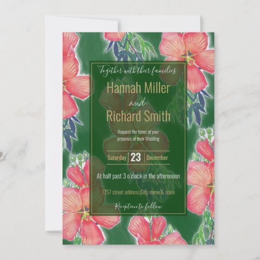 熱帯グリーンピンクハイビスカス絵画フラワー (正面)