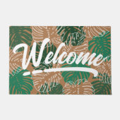 熱帯グリーンブラウン葉のスクリプトへようこそ ドアマット (正面)